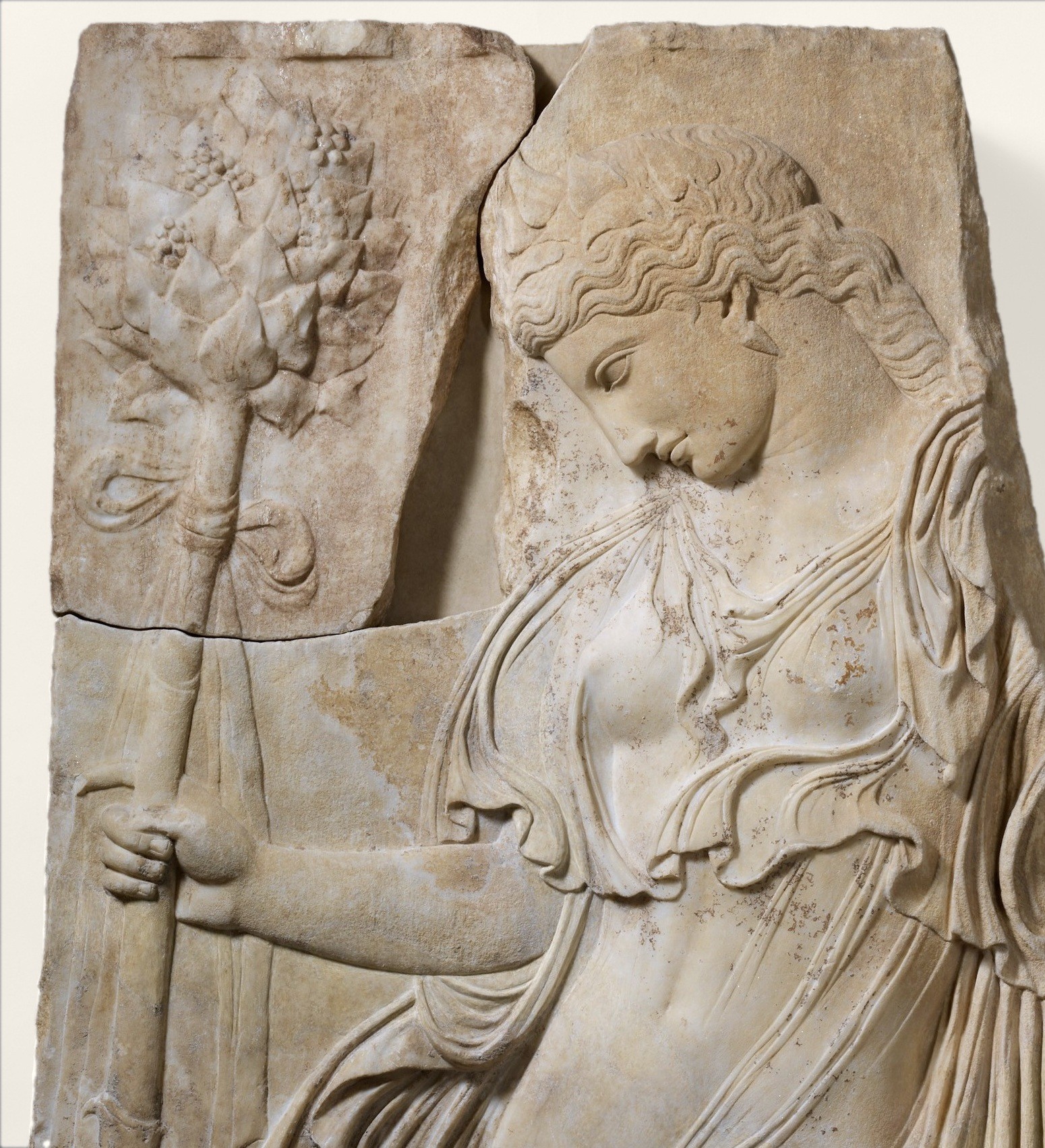 Roman marble relief with a dancing maenad, upper half of the relief (detail)